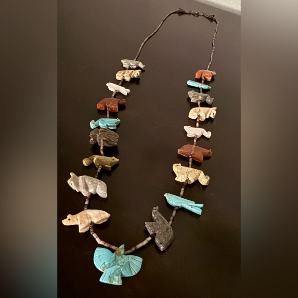Turquoise Thunderbird Zuni Fetish Necklace 28”| Hand Carved Stone Native Heishi - Picture 2 of 4